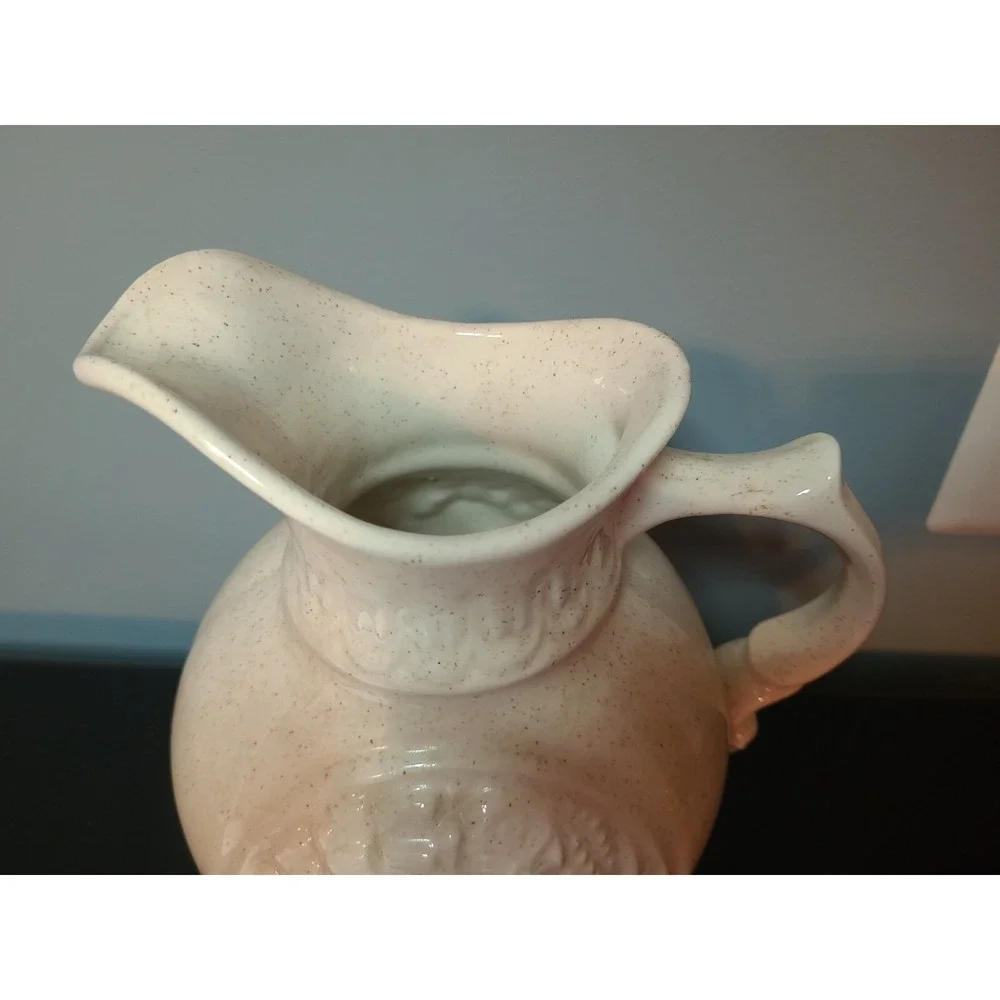 Vintage 1968 McCoy Art Pottery Speckled Cream Turkey Cameo Pattern 64oz. Pitcher